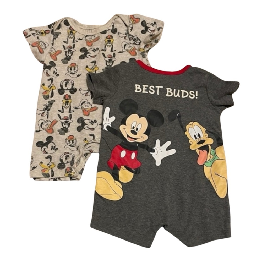 2/$10 2pc Disney Gray and Cream Mickey & Pluto Baby Rompers